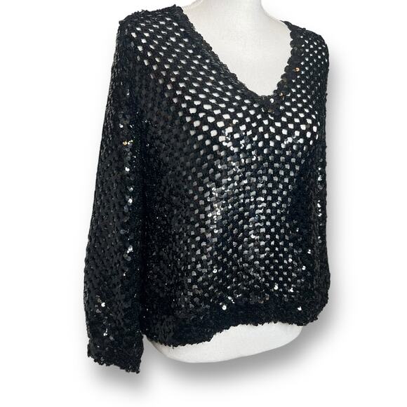 Vintage 80s Three Flaggs Sz Medium Black Sequin Disco Mesh Top Pullover - Picture 3 of 8